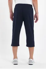 Erkek Cepleri Fermuarlı Lacivert Bermuda Diz Altı Kapri Beli Ayarlanabilir Lastikli Uzun Şort 