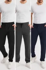 Siyah-Lacivert-Antrasit Erkek Fermuarlı Cepli Nakış Detaylı Düz Paça Rahat Kesim Günlük 3'lü Eşofman Altı