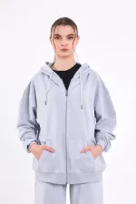 Gri Kanguru Cepli Kapüşonlu Fermuarlı Oversize Kadın Sweatshirt