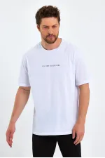 Erkek Beyaz Baskılı Basic Oversize Bisiklet Yaka Kısa Kollu T-shirt
