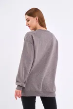 Kahve Kadın Pamuklu Oversize Basic Bisiklet Yaka Sweatshirt