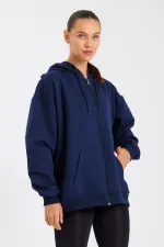 Kadın Kanguru Cepli Kapüşonlu Fermuarlı İçi Polarlı Hırka