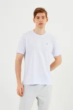 Erkek Bisiklet Yaka T-shirt %100 Pamuk Nakış Detaylı Basic Beyaz Tişört