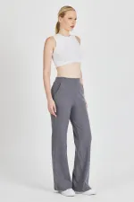 Füme Fitilli Geniş Paça Kaşkorse Yüksek Bel Cepli Kadın Eşofman Altı