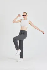 Füme Fitilli Geniş Paça Pamuklu İnce Yüksek Bel Kadın Eşofman Altı