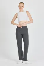 Füme Fitilli Geniş Paça Pamuklu İnce Yüksek Bel Kadın Eşofman Altı