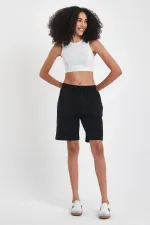 2'li Kadın Rahat Kesim Beli Lastikli Mevsimlik Yumuşak Kumaş Cepli Siyah-Gri Uzun Bermuda Şort