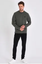 Erkek Haki Çift Bisiklet Yaka Baskı Detaylı Standart Rahat Kesim Sweatshirt