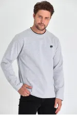 Men's Grey Double Crew Neck Sweatshirt with Print Detail, Standard Relaxed Fit