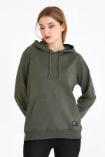 Women's Khaki Color Hooded Basic Knitted Sweatshirt