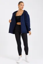 Kadın Kanguru Cepli Kapüşonlu Fermuarlı İçi Polarlı Hırka