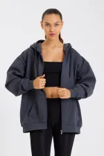 Kadın Kanguru Cepli Kapüşonlu Fermuarlı İçi Polarlı Hırka