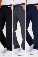 Siyah-Antrasit-Lacivert Arka Cepli Etiket Detaylı Düz Paça Erkek Içi Pamuklu 3lü Eşofman Altı Paketi