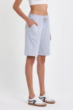 Kadın Rahat Kesim Beli Lastikli Mevsimlik Yumuşak Kumaş Cepli Gri Uzun Bermuda Şort MTLCB91-Gri