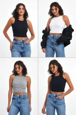 Kadın Siyah-Beyaz-Gri-Lacivert Fitilli Görünümlü Askılı Kalın Esnek Örme 4'lü Basic Crop Atlet