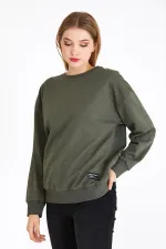 Women's Khaki Color Basic Crew Neck Sweatshirt