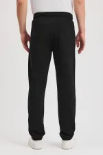 Black Men's Zip-Up Pocket Sweatpants with Embroidered Detail, Straight Leg, Relaxed Fit, Casual Style