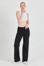 Siyah Fitilli Geniş Paça Kaşkorse Yüksek Bel Cepli Kadın Eşofman Altı