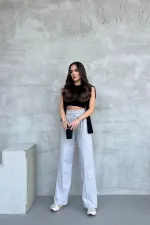 Kadın Mevsimlik Salaş Geniş Paça Yüksek Bel Gri Eşofman Altı