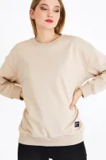 Women's Beige Color Basic Crew Neck Sweatshirt