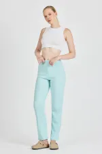 Aqua Green Ribbed Wide Leg Cotton Slim High Waist Women's Sweatpants