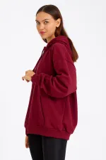 Kadın Kanguru Cepli Kapüşonlu Fermuarlı İçi Polarlı Hırka