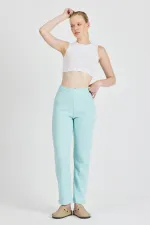 Aqua Green Ribbed Wide Leg Cotton Slim High Waist Women's Sweatpants