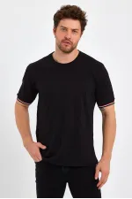Erkek Siyah Basic Kolları Şeritli %100 Pamuk Bisiklet Yaka Regular Fit T-shirt