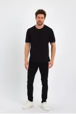 Erkek Siyah Basic Kolları Şeritli %100 Pamuk Bisiklet Yaka Regular Fit T-shirt