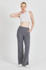 Füme Fitilli Geniş Paça Kaşkorse Yüksek Bel Cepli Kadın Eşofman Altı