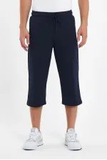 Erkek Cepleri Fermuarlı Lacivert Bermuda Diz Altı Kapri Beli Ayarlanabilir Lastikli Uzun Şort 