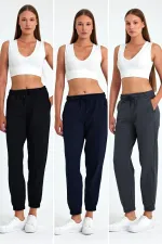 Kadın Siyah-Lacivert-Antrasit Pamuklu Kalın Paçası Lastikli Yüksek Bel Rahat Jogger 3'lü Eşofman Altı