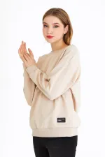 Women's Beige Color Basic Crew Neck Sweatshirt