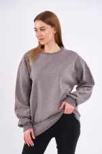 Kahve Kadın Pamuklu Oversize Basic Bisiklet Yaka Sweatshirt