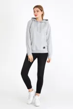 Women's Gray Color Hooded Basic Knitted Sweatshirt