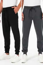 Kalın Siyah-Antrasit Erkek 2'li Eşofman Altı Jogger Arka Cepli Paça Lastikli Regular Fit Şardonsuz
