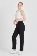 Siyah Fitilli Geniş Paça Pamuklu İnce Yüksek Bel Kadın Eşofman Altı