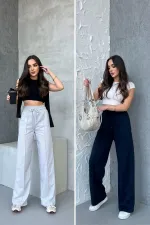 Siyah-Antrasit Kadın Mevsimlik Salaş Geniş Paça Yüksek Bel 2'li Eşofman Altı