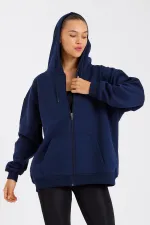 Kadın Kanguru Cepli Kapüşonlu Fermuarlı İçi Polarlı Hırka