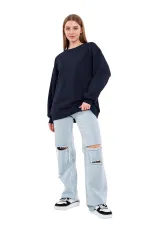 Lacivert Kadın Pamuklu Oversize Basic Bisiklet Yaka Sweatshirt
