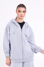 Gri Kanguru Cepli Kapüşonlu Fermuarlı Oversize Kadın Sweatshirt