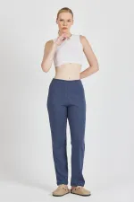Pantalon de survêtement femme en coton côtelé indigo, jambes larges, coupe slim, taille haute