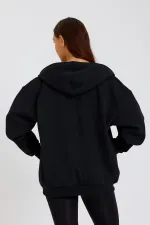 Kadın Kanguru Cepli Kapüşonlu Fermuarlı İçi Polarlı Hırka