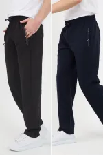 Men's Black and Navy Blue Sweatpants with Two Zipper Pockets, Embroidered Detail, Straight Leg, and Relaxed Fit.