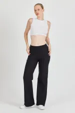 Siyah Fitilli Geniş Paça Kaşkorse Yüksek Bel Cepli Kadın Eşofman Altı