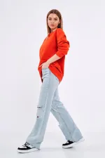 Sweat-shirt basique oversize en coton orange pour femme, col rond.