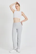 Pantalon de survêtement gris côtelé à jambes larges et taille haute pour femme
