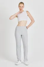 Pantalon de survêtement gris côtelé à jambes larges et taille haute pour femme