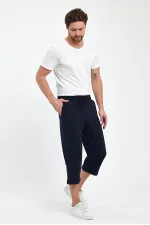 Erkek Yanları Cepli Lacivert Bermuda Diz Altı Kapri Beli Ayarlanabilir Lastikli Uzun Şort MTLCE74