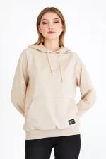 Metallic Women's Beige Hooded Basic Knitted Sweatshirt